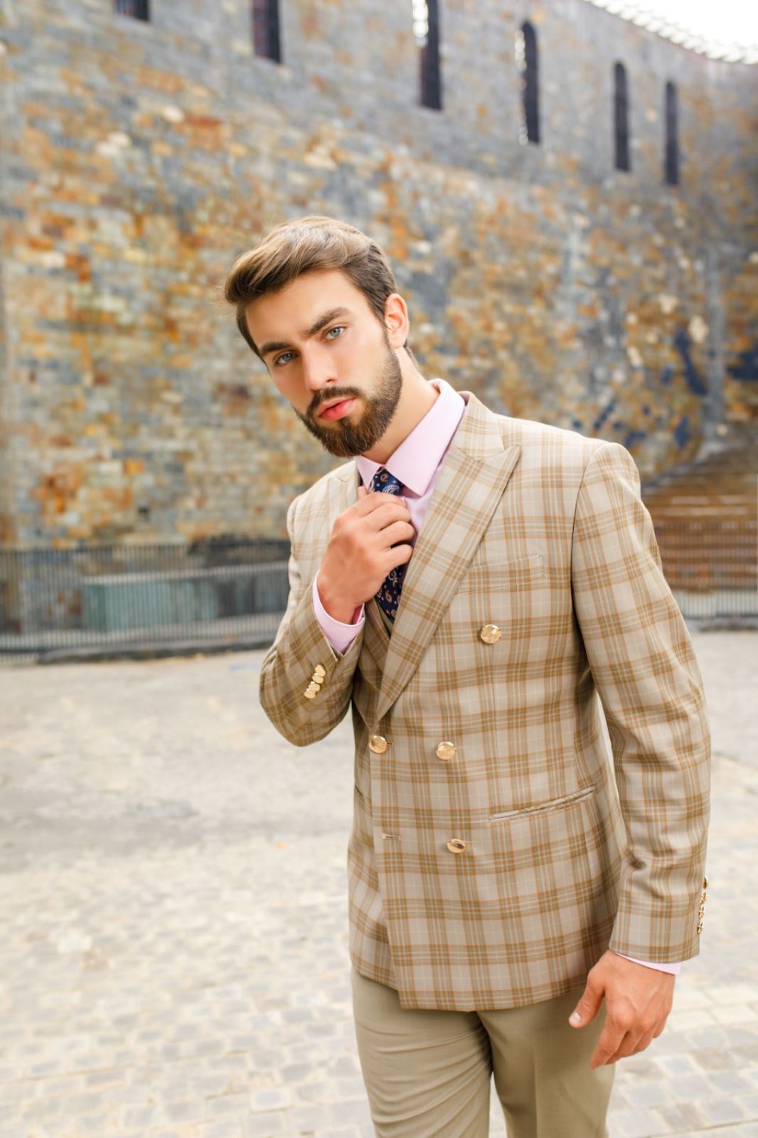 Beige Plaid Jacket With Solid Trousers 